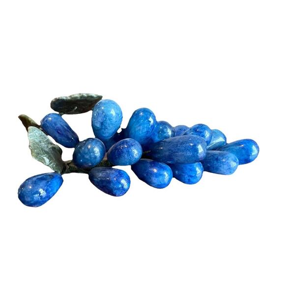 Vintage Blue Alabaster Marble Grapes Bunch Rare Carved Italy Green Stone Leaves - Picture 1 of 13